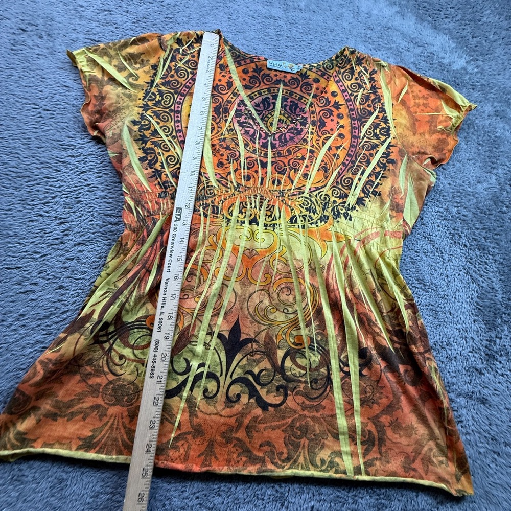 Unity World Wear Flame Orange Boho Hippie Top Shirt Womens XL Bejeweled - Picture 5 of 5